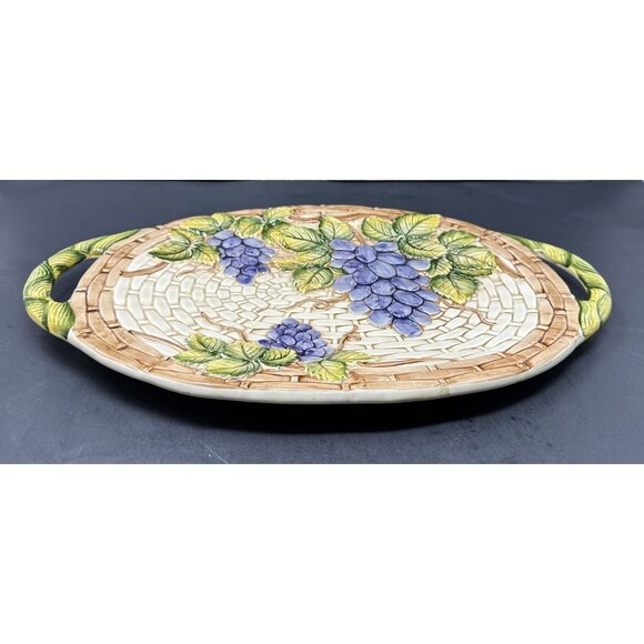 TAKAHASHI ANTIQUA Embossed Grapes Basket Weave Majolica 16" 2 Handled Platter - Picture 3 of 10